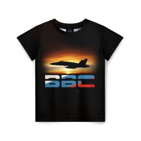 Детская футболка 3D с принтом Истребитель ВВС на закате в Тюмени, 100% гипоаллергенный полиэфир | прямой крой, круглый вырез горловины, длина до линии бедер, чуть спущенное плечо, ткань немного тянется | самолет