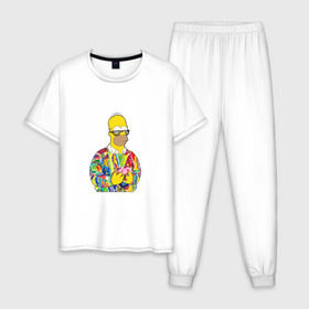 Мужская пижама хлопок с принтом Homer в Тюмени, 100% хлопок | брюки и футболка прямого кроя, без карманов, на брюках мягкая резинка на поясе и по низу штанин
 | bart | homer | simpsons | барт | гомер | еда | мультфильм | отец | папа | пончик | радуга | симпсоны | спрингфилд | хиппи | цвет