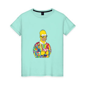 Женская футболка хлопок с принтом Homer в Тюмени, 100% хлопок | прямой крой, круглый вырез горловины, длина до линии бедер, слегка спущенное плечо | bart | homer | simpsons | барт | гомер | еда | мультфильм | отец | папа | пончик | радуга | симпсоны | спрингфилд | хиппи | цвет