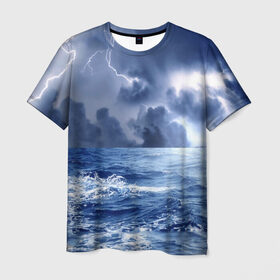Мужская футболка 3D с принтом Шторм в Тюмени, 100% полиэфир | прямой крой, круглый вырез горловины, длина до линии бедер | брызги | буря | вода | волны | гроза | капли | красивое | молния | море | непогода | океан | природа | синее | стихия | тучи