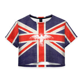 Женская футболка 3D укороченная с принтом Флаг Англии с белым орлом в Тюмени, 100% полиэстер | круглая горловина, длина футболки до линии талии, рукава с отворотами | london | англия | белый | брызги | великобритания | империя | клякса | крылья | лондон | необычный | объеденное королевство | орел | птица | символ | сокол | туманный альбион | флаг
