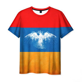 Мужская футболка 3D с принтом Флаг Армении с белым орлом в Тюмени, 100% полиэфир | прямой крой, круглый вырез горловины, длина до линии бедер | айастан | армения | белый | босеан | брызги | ереван | знамя | империя | клякса | крылья | кумач | необычный | орел | пойс | птица | символ | сокол | стяг | флаг | хайастан | штандарт