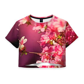 Женская футболка 3D укороченная с принтом Сакура в Тюмени, 100% полиэстер | круглая горловина, длина футболки до линии талии, рукава с отворотами | 3d | flower | nature | pink | sakura | весна | деревья | природа | розовый | сакура | цветы | япония