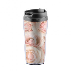 Термокружка-непроливайка с принтом Pink roses в Тюмени, внутренняя часть — пищевой пластик, наружная часть — прозрачный пластик, между ними — полиграфическая вставка с рисунком | объем — 350 мл, герметичная крышка | розовый | розы