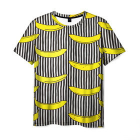 Мужская футболка 3D с принтом Бананы на Полосатом Фоне в Тюмени, 100% полиэфир | прямой крой, круглый вырез горловины, длина до линии бедер | банана | бананчик | вкусный | желтый | спелый | фрукт