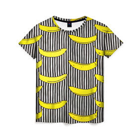 Женская футболка 3D с принтом Бананы на Полосатом Фоне в Тюмени, 100% полиэфир ( синтетическое хлопкоподобное полотно) | прямой крой, круглый вырез горловины, длина до линии бедер | банана | бананчик | вкусный | желтый | спелый | фрукт