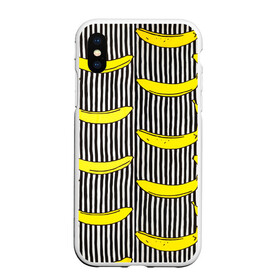 Чехол для iPhone XS Max матовый с принтом Бананы на Полосатом Фоне в Тюмени, Силикон | Область печати: задняя сторона чехла, без боковых панелей | Тематика изображения на принте: банана | бананчик | вкусный | желтый | спелый | фрукт