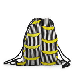 Рюкзак-мешок 3D с принтом Бананы на Полосатом Фоне в Тюмени, 100% полиэстер | плотность ткани — 200 г/м2, размер — 35 х 45 см; лямки — толстые шнурки, застежка на шнуровке, без карманов и подкладки | банана | бананчик | вкусный | желтый | спелый | фрукт