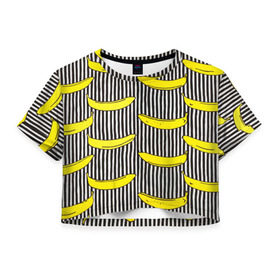 Женская футболка 3D укороченная с принтом Бананы на Полосатом Фоне в Тюмени, 100% полиэстер | круглая горловина, длина футболки до линии талии, рукава с отворотами | Тематика изображения на принте: банана | бананчик | вкусный | желтый | спелый | фрукт