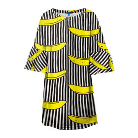Детское платье 3D с принтом Бананы на Полосатом Фоне в Тюмени, 100% полиэстер | прямой силуэт, чуть расширенный к низу. Круглая горловина, на рукавах — воланы | Тематика изображения на принте: банана | бананчик | вкусный | желтый | спелый | фрукт
