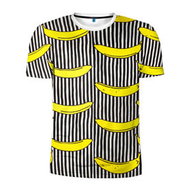 Мужская футболка 3D спортивная с принтом Бананы на Полосатом Фоне в Тюмени, 100% полиэстер с улучшенными характеристиками | приталенный силуэт, круглая горловина, широкие плечи, сужается к линии бедра | Тематика изображения на принте: банана | бананчик | вкусный | желтый | спелый | фрукт