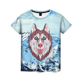 Женская футболка 3D с принтом Хаски в Тюмени, 100% полиэфир ( синтетическое хлопкоподобное полотно) | прямой крой, круглый вырез горловины, длина до линии бедер | at | bowwow | dog | hound | pooch | арт | гончая | гончая собака | горы | деревья | лес | снег | собака | хаски | холод