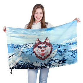 Флаг 3D с принтом Хаски в Тюмени, 100% полиэстер | плотность ткани — 95 г/м2, размер — 67 х 109 см. Принт наносится с одной стороны | at | bowwow | dog | hound | pooch | арт | гончая | гончая собака | горы | деревья | лес | снег | собака | хаски | холод