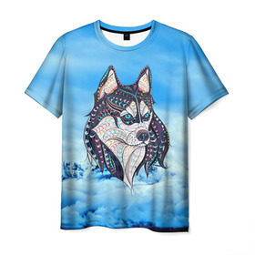 Мужская футболка 3D с принтом Siberian Husky в Тюмени, 100% полиэфир | прямой крой, круглый вырез горловины, длина до линии бедер | Тематика изображения на принте: at | bowwow | dog | hound | pooch | арт | гончая | гончая собака | горы | деревья | лес | снег | собака | хаски | холод