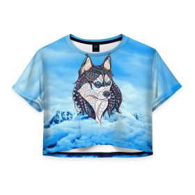 Женская футболка 3D укороченная с принтом Siberian Husky в Тюмени, 100% полиэстер | круглая горловина, длина футболки до линии талии, рукава с отворотами | at | bowwow | dog | hound | pooch | арт | гончая | гончая собака | горы | деревья | лес | снег | собака | хаски | холод