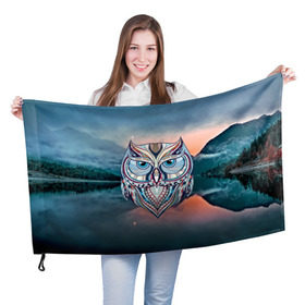 Флаг 3D с принтом Сова в Тюмени, 100% полиэстер | плотность ткани — 95 г/м2, размер — 67 х 109 см. Принт наносится с одной стороны | birds | животные | ночь | озеро | полуночник | природа | птица | река | сова | сыч | филин