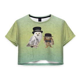 Женская футболка 3D укороченная с принтом совы в Тюмени, 100% полиэстер | круглая горловина, длина футболки до линии талии, рукава с отворотами | 