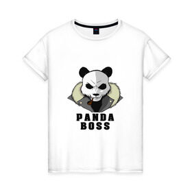 Женская футболка хлопок с принтом Panda Boss в Тюмени, 100% хлопок | прямой крой, круглый вырез горловины, длина до линии бедер, слегка спущенное плечо | банда | большой | босс | важный | главарь | главный | директор | крутой | круче всех | лидер | мех | панда | россия | русский | самый | супер | трубка | шуба