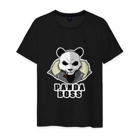 Мужская футболка хлопок с принтом Panda Boss в Тюмени, 100% хлопок | прямой крой, круглый вырез горловины, длина до линии бедер, слегка спущенное плечо. | банда | большой | босс | важный | главарь | главный | директор | крутой | круче всех | лидер | мех | панда | россия | русский | самый | супер | трубка | шуба