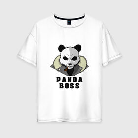 Женская футболка хлопок Oversize с принтом Panda Boss в Тюмени, 100% хлопок | свободный крой, круглый ворот, спущенный рукав, длина до линии бедер
 | Тематика изображения на принте: банда | большой | босс | важный | главарь | главный | директор | крутой | круче всех | лидер | мех | панда | россия | русский | самый | супер | трубка | шуба