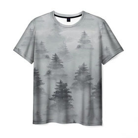 Мужская футболка 3D с принтом Туманный лес в Тюмени, 100% полиэфир | прямой крой, круглый вырез горловины, длина до линии бедер | Тематика изображения на принте: бор | вечер | деревья | елка | еловый | ель | загадочный | земля | зима | лес | мрачный | необычный | природа | серый | сибирь | снег | тайга | туман | хвойный