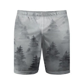 Мужские шорты 3D спортивные с принтом Туманный лес в Тюмени,  |  | бор | вечер | деревья | елка | еловый | ель | загадочный | земля | зима | лес | мрачный | необычный | природа | серый | сибирь | снег | тайга | туман | хвойный