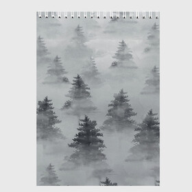 Скетчбук с принтом Туманный лес в Тюмени, 100% бумага
 | 48 листов, плотность листов — 100 г/м2, плотность картонной обложки — 250 г/м2. Листы скреплены сверху удобной пружинной спиралью | бор | вечер | деревья | елка | еловый | ель | загадочный | земля | зима | лес | мрачный | необычный | природа | серый | сибирь | снег | тайга | туман | хвойный