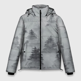 Мужская зимняя куртка 3D с принтом Туманный лес в Тюмени, верх — 100% полиэстер; подкладка — 100% полиэстер; утеплитель — 100% полиэстер | длина ниже бедра, свободный силуэт Оверсайз. Есть воротник-стойка, отстегивающийся капюшон и ветрозащитная планка. 

Боковые карманы с листочкой на кнопках и внутренний карман на молнии. | Тематика изображения на принте: бор | вечер | деревья | елка | еловый | ель | загадочный | земля | зима | лес | мрачный | необычный | природа | серый | сибирь | снег | тайга | туман | хвойный