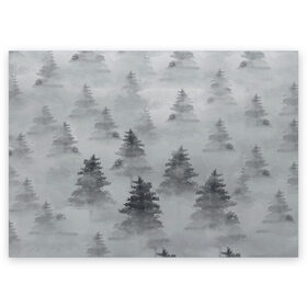 Поздравительная открытка с принтом Туманный лес в Тюмени, 100% бумага | плотность бумаги 280 г/м2, матовая, на обратной стороне линовка и место для марки
 | Тематика изображения на принте: бор | вечер | деревья | елка | еловый | ель | загадочный | земля | зима | лес | мрачный | необычный | природа | серый | сибирь | снег | тайга | туман | хвойный