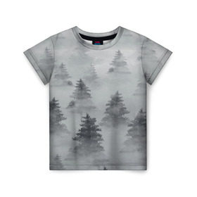 Детская футболка 3D с принтом Туманный лес в Тюмени, 100% гипоаллергенный полиэфир | прямой крой, круглый вырез горловины, длина до линии бедер, чуть спущенное плечо, ткань немного тянется | бор | вечер | деревья | елка | еловый | ель | загадочный | земля | зима | лес | мрачный | необычный | природа | серый | сибирь | снег | тайга | туман | хвойный