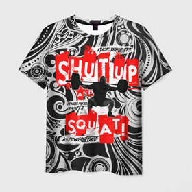 Мужская футболка 3D с принтом Powerlifting shut up and squat в Тюмени, 100% полиэфир | прямой крой, круглый вырез горловины, длина до линии бедер | powerlifting | shut up and squat | пауэрлифтинг