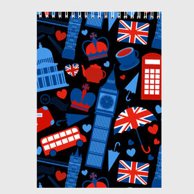Скетчбук с принтом Великобритания в Тюмени, 100% бумага
 | 48 листов, плотность листов — 100 г/м2, плотность картонной обложки — 250 г/м2. Листы скреплены сверху удобной пружинной спиралью | красный | лондон | паттерн | черный