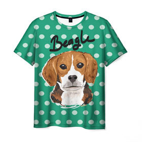 Мужская футболка 3D с принтом Бигль в Тюмени, 100% полиэфир | прямой крой, круглый вырез горловины, длина до линии бедер | Тематика изображения на принте: beagle | арт | гончая | горошек | животное | кружочек | пес | собака | текстура