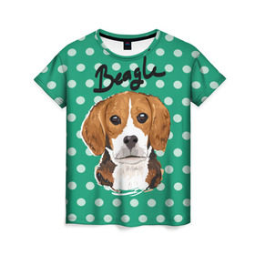 Женская футболка 3D с принтом Бигль в Тюмени, 100% полиэфир ( синтетическое хлопкоподобное полотно) | прямой крой, круглый вырез горловины, длина до линии бедер | beagle | арт | гончая | горошек | животное | кружочек | пес | собака | текстура