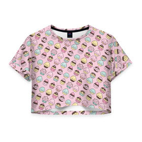 Женская футболка 3D укороченная с принтом Каваи Кексики в Тюмени, 100% полиэстер | круглая горловина, длина футболки до линии талии, рукава с отворотами | аниме | вкусняшка | детский | еда | капкейки | лапуля | милота | милый | мимими | няша | розовый