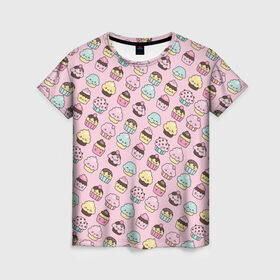 Женская футболка 3D с принтом Каваи Кексики в Тюмени, 100% полиэфир ( синтетическое хлопкоподобное полотно) | прямой крой, круглый вырез горловины, длина до линии бедер | аниме | вкусняшка | детский | еда | капкейки | лапуля | милота | милый | мимими | няша | розовый