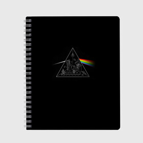 Тетрадь с принтом Pink Floyd Make Rainbow в Тюмени, 100% бумага | 48 листов, плотность листов — 60 г/м2, плотность картонной обложки — 250 г/м2. Листы скреплены сбоку удобной пружинной спиралью. Уголки страниц и обложки скругленные. Цвет линий — светло-серый
 | Тематика изображения на принте: англия | басы | британия | гитара | группа | логотип | музыка | песни | пинк флойд | призма | радуга | рок | свет