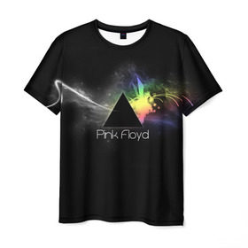Мужская футболка 3D с принтом Pink Floyd Logo в Тюмени, 100% полиэфир | прямой крой, круглый вырез горловины, длина до линии бедер | Тематика изображения на принте: англия | басы | британия | гитара | группа | дым | космос | логотип | музыка | песни | пинк флойд | призма | радуга | рок | свет