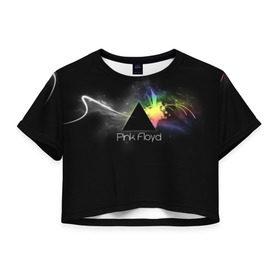 Женская футболка 3D укороченная с принтом Pink Floyd Logo в Тюмени, 100% полиэстер | круглая горловина, длина футболки до линии талии, рукава с отворотами | Тематика изображения на принте: англия | басы | британия | гитара | группа | дым | космос | логотип | музыка | песни | пинк флойд | призма | радуга | рок | свет