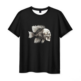 Мужская футболка 3D с принтом Рыба Скелет в Тюмени, 100% полиэфир | прямой крой, круглый вырез горловины, длина до линии бедер | анатомия | кости | море | плавники | принт | рисунок | рыбный | рыбы | тату | ужас | хвост | череп | черный | чешуя