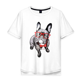 Мужская футболка хлопок Oversize с принтом Бульдог в Тюмени, 100% хлопок | свободный крой, круглый ворот, “спинка” длиннее передней части | bulldog | dog | бабочка | бульдог в очках | в очках | дог | очки | собака