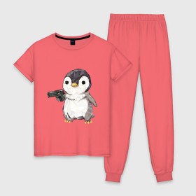 Женская пижама хлопок с принтом Пингвин с пистолетом в Тюмени, 100% хлопок | брюки и футболка прямого кроя, без карманов, на брюках мягкая резинка на поясе и по низу штанин | 