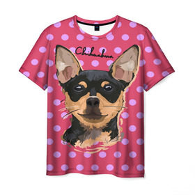 Мужская футболка 3D с принтом Чихуахуа в Тюмени, 100% полиэфир | прямой крой, круглый вырез горловины, длина до линии бедер | Тематика изображения на принте: chihuahua | dog | арт | горошек | животное | кружочек | розовый | собака | текстура | чихуахуа
