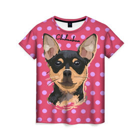 Женская футболка 3D с принтом Чихуахуа в Тюмени, 100% полиэфир ( синтетическое хлопкоподобное полотно) | прямой крой, круглый вырез горловины, длина до линии бедер | chihuahua | dog | арт | горошек | животное | кружочек | розовый | собака | текстура | чихуахуа