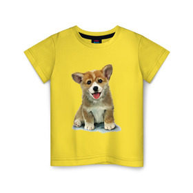 Детская футболка хлопок с принтом Коржик в Тюмени, 100% хлопок | круглый вырез горловины, полуприлегающий силуэт, длина до линии бедер | Тематика изображения на принте: corgi | dog | korgi | вельш корги | дог | кардиган | корги | пемброк | собака | щенок