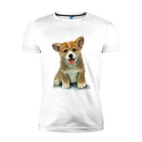 Мужская футболка премиум с принтом Коржик в Тюмени, 92% хлопок, 8% лайкра | приталенный силуэт, круглый вырез ворота, длина до линии бедра, короткий рукав | corgi | dog | korgi | вельш корги | дог | кардиган | корги | пемброк | собака | щенок