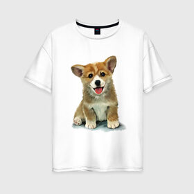 Женская футболка хлопок Oversize с принтом Коржик в Тюмени, 100% хлопок | свободный крой, круглый ворот, спущенный рукав, длина до линии бедер
 | Тематика изображения на принте: corgi | dog | korgi | вельш корги | дог | кардиган | корги | пемброк | собака | щенок