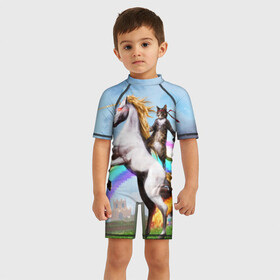 Детский купальный костюм 3D с принтом Кот на Единороге в Тюмени, Полиэстер 85%, Спандекс 15% | застежка на молнии на спине | радуга