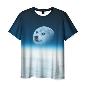 Мужская футболка 3D с принтом Doge в Тюмени, 100% полиэфир | прямой крой, круглый вырез горловины, длина до линии бедер | meme | доге | космос | луна