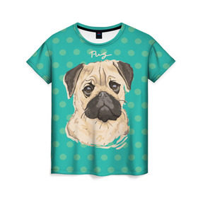 Женская футболка 3D с принтом Мопсик в Тюмени, 100% полиэфир ( синтетическое хлопкоподобное полотно) | прямой крой, круглый вырез горловины, длина до линии бедер | dog | pug | арт | животное | кружочки | мопс | пес | собака | текстура